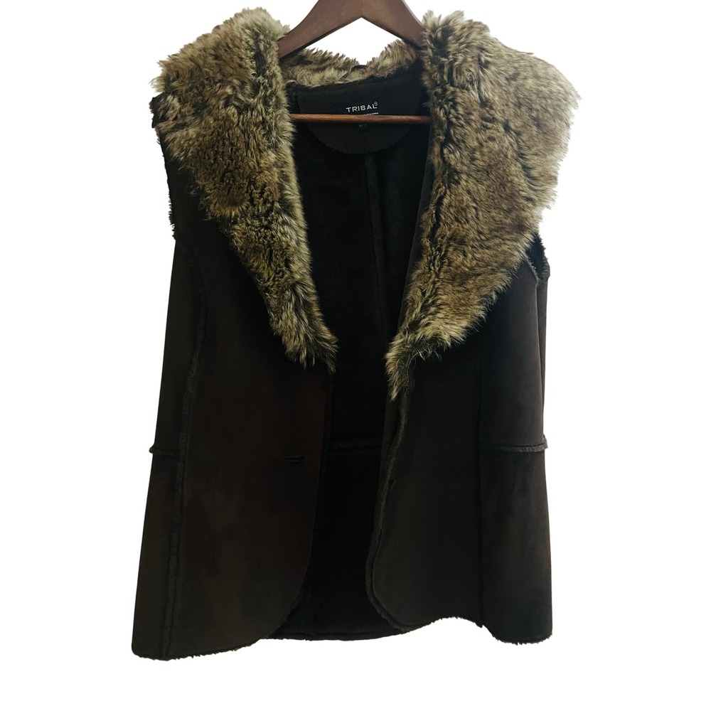 Womens Boho Western Country Cowgirl Faux Suede Fur Collar Vest M Brown Statement